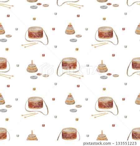 Pattern of vintage toys, drum, pyramid cubes blocks. Hand-drawn watercolor illustration in childish style. Seamless print isolated from background for textiles fabrics baby clothes wallpaper packaging Pattern of vintage toys, drum, pyramid cubes blocks. Hand-drawn watercolor illustration in childish style. Seamless print isolated from background for textiles fabrics baby clothes wallpaper packaging 133551223