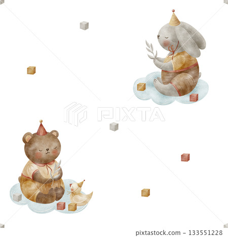 Pattern cute animals, bear, rabbit sitting on clouds, vintage toys, cubes. Hand-drawn watercolor illustration in childish style. Print isolated from background for textiles, fabrics, baby wallpaper Pattern cute animals, bear, rabbit sitting on clouds, vintage toys, cubes. Hand-drawn watercolor illustration in childish style. Print isolated from background for textiles, fabrics, baby wallpaper 133551228