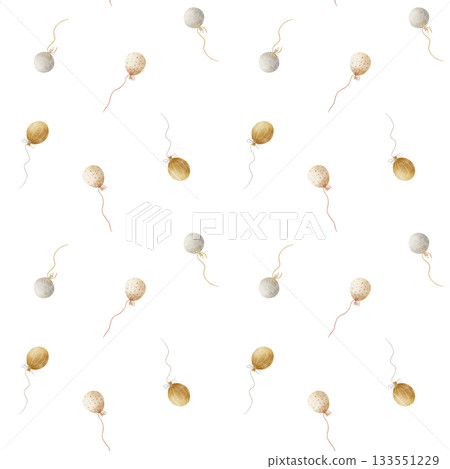 Seamless pattern flying party balloons. Watercolor illustration isolated on background, in gold, gray, beige colour in vintage children's style for textile design, fabric, packaging, birthday holidays Seamless pattern flying party balloons. Watercolor illustration isolated on background, in gold, gray, beige colour in vintage children's style for textile design, fabric, packaging, birthday holidays 133551229