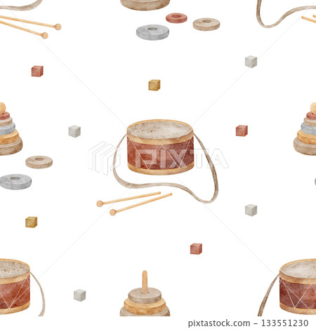 Pattern of vintage toys, drum, pyramid cubes blocks. Hand-drawn watercolor illustration in childish style. Seamless print isolated from background for textiles fabrics baby clothes wallpaper packaging Pattern of vintage toys, drum, pyramid cubes blocks. Hand-drawn watercolor illustration in childish style. Seamless print isolated from background for textiles fabrics baby clothes wallpaper packaging 133551230