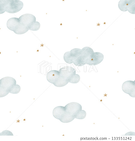 Watercolor illustrations blue clouds, beige stars. Pattern hand-drawn in vintage style. Seamless print isolated from background for newborn designs nurseries, fabrics, wallpaper, packaging, textiles Watercolor illustrations blue clouds, beige stars. Pattern hand-drawn in vintage style. Seamless print isolated from background for newborn designs nurseries, fabrics, wallpaper, packaging, textiles 133551242