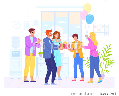 Birthday party. People congrats person with present and balloons Birthday party. People congrats person with present and balloons 133551261