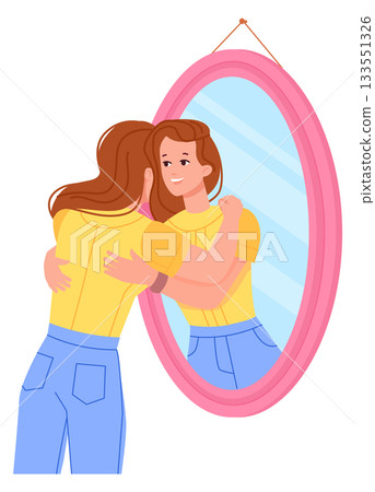 Woman hugging mirror self. Acceptance concept. Confident person 133551326