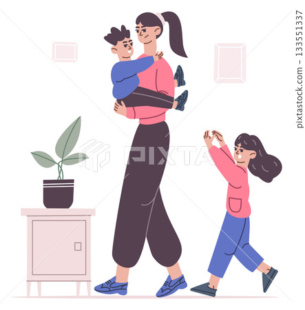 Woman with two children. Stressful parenting color icon 133551337