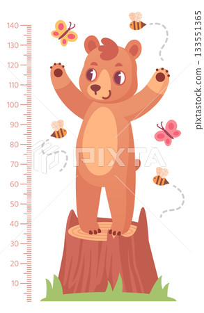 Kid growth ruler with funny bear standing on stump Kid growth ruler with funny bear standing on stump 133551365