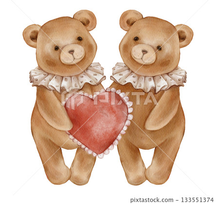 Watercolor Cute two Teddy Bears Holding Red Heart. Adorable Valentine Brown bear toy with vintage Jabot collar. Illustration hand drawn in retro style on isolated background for design greeting card Watercolor Cute two Teddy Bears Holding Red Heart. Adorable Valentine Brown bear toy with vintage Jabot collar. Illustration hand drawn in retro style on isolated background for design greeting card 133551374