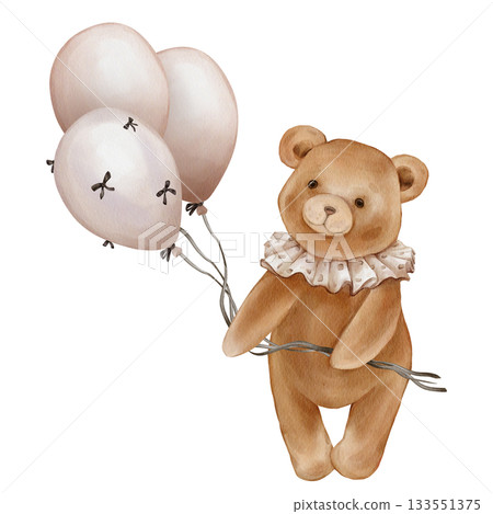 Watercolor Cute Teddy Bear Holding Balloon bunch. Valentine Brown bear toy with vintage Jabot collar. Illustration hand drawn in retro style on isolated background for design greeting cards. 133551375