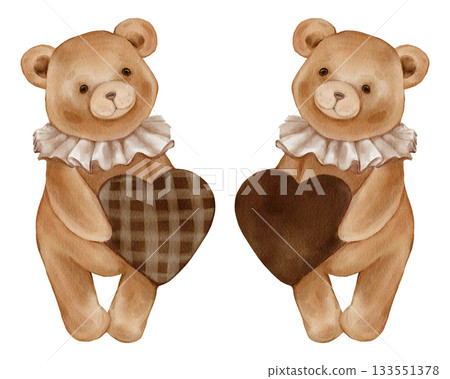 Watercolor Cute Teddy Bear Holding brown Heart. Adorable Valentine Brown bear toy with vintage Jabot collar. Illustration hand drawn in retro style on isolated background for design greeting cards. Watercolor Cute Teddy Bear Holding brown Heart. Adorable Valentine Brown bear toy with vintage Jabot collar. Illustration hand drawn in retro style on isolated background for design greeting cards. 133551378