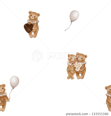 Seamless pattern with Watercolor Cute Teddy Bear Holding balloon and heart. Repeat ornament with Valentine Brown bear toy with vintage Jabot collar and daisy. Illustration hand drawn on isolated. 133551380