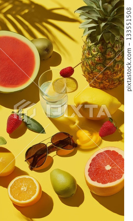 Fresh Fruit and Refreshing Drink on Sunny Yellow Background 133551508