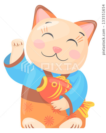 Japanese cat with fish toy. Wealth charm figurine 133551654