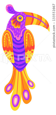 Ethnic bird motif. Colorful toucan with patterned feathers 133551667