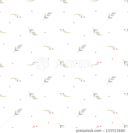 Seamless pattern vintage leaves, branches, red berries. Hand-drawn watercolor illustration in childish style. Simple print isolated from background for textiles, fabrics, packaging, clothing, cards Seamless pattern vintage leaves, branches, red berries. Hand-drawn watercolor illustration in childish style. Simple print isolated from background for textiles, fabrics, packaging, clothing, cards 133551680