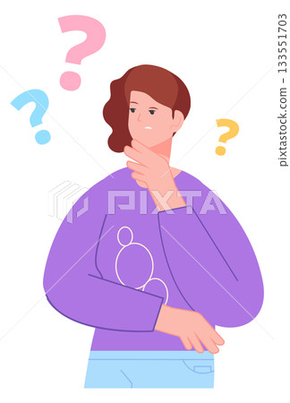 Woman doubting. Difficult decision concept. Person with question marks 133551703