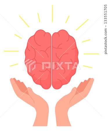Brain treatment and care icon. Cartoon mind in human hands 133551705