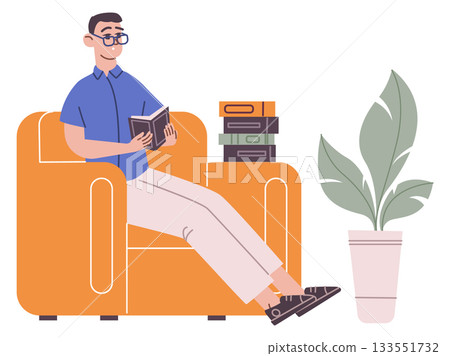 Student reading book. Intelligent man sit in armchair 133551732