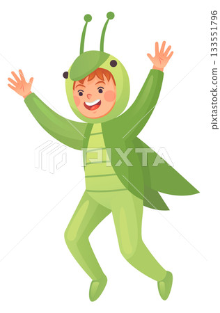 Funny boy in grasshopper costume jumping. Cheerful party kid 133551796