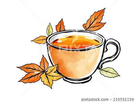 Cup of hot tea and autumn leaves. 133552159