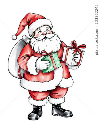 Santa Claus with presents watercolor vector illustration. 133552243