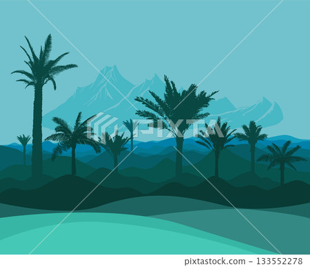 Landscape of mountains and palm trees. hand drawing. Not AI Vector 133552278