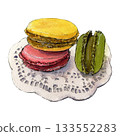 Sketch of lemon, pistachio and strawberry macaroons by watercolor and line 133552283
