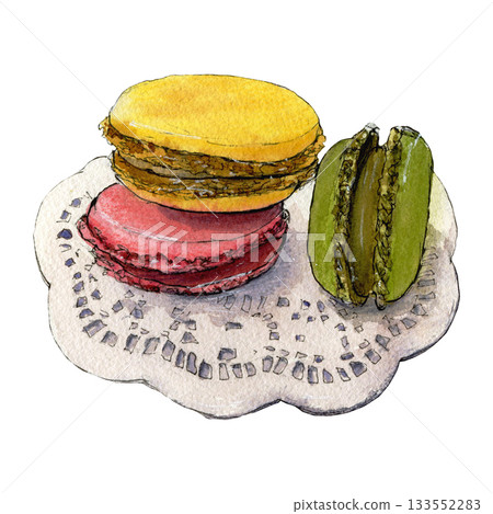 Sketch of lemon, pistachio and strawberry macaroons by watercolor and line Sketch of lemon, pistachio and strawberry macaroons by watercolor and line 133552283