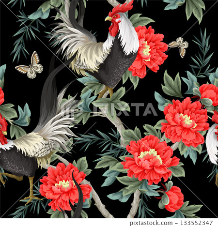 Seamless pattern with roosters and peonies flowers. Vector. 133552347