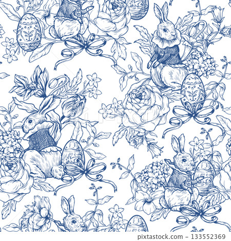 Easter rabbit seamless vector pattern with eggs flowers vintage toile style holiday design 133552369