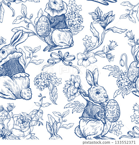 Easter rabbit seamless vector pattern with eggs flowers vintage toile style holiday design 133552371