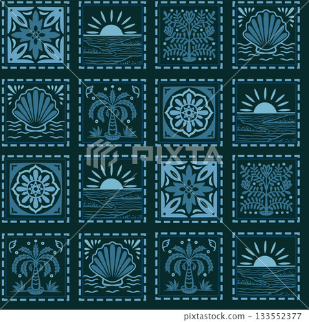 Tropical frame seamless pattern with palm tree seashell sun ocean tile vector Tropical frame seamless pattern with palm tree seashell sun ocean tile vector 133552377
