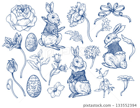 Easter rabbit vector set with eggs flowers and ribbons vintage isolated holiday illustration 133552394