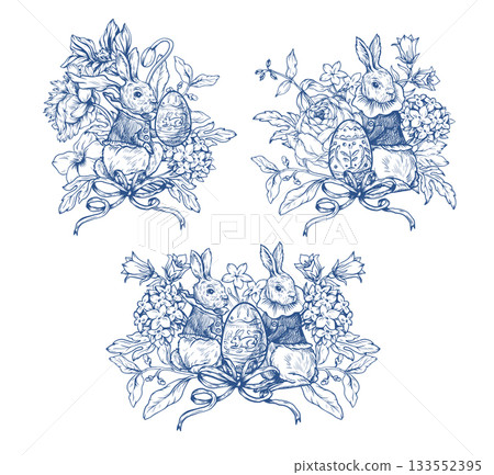 Easter rabbit vector set with eggs flowers and ribbons vintage isolated holiday illustration 133552395