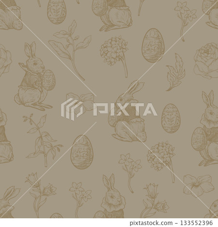 Easter rabbit seamless vector pattern with eggs flowers vintage toile style holiday design 133552396