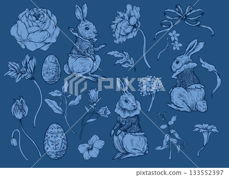 Easter rabbit vector set with eggs flowers and ribbons vintage isolated holiday illustration 133552397