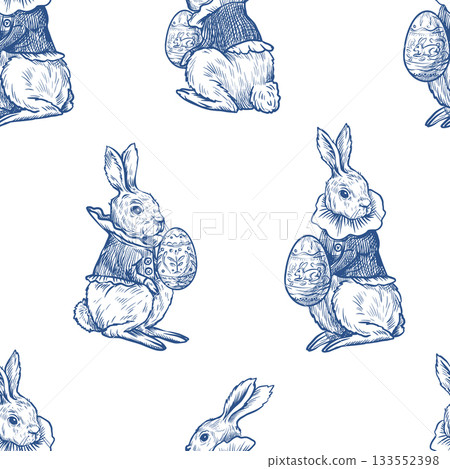 Easter rabbit seamless vector pattern with eggs vintage toile style holiday design 133552398