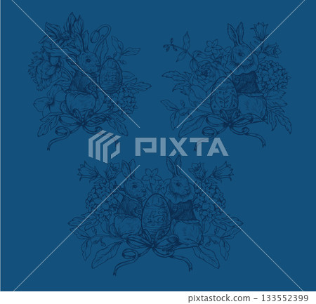 Easter rabbit vector set with eggs flowers and ribbons vintage isolated holiday illustration 133552399