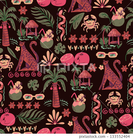 Beach summer vector seamless pattern tropical animals palm leaves fruits crab hut jungle 133552404