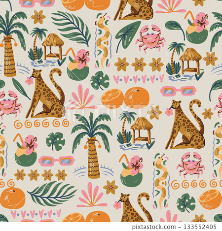Beach summer vector seamless pattern tropical animals palm leaves fruits crab hut jungle 133552405