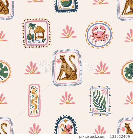 Square summer vector seamless pattern tropical animals palm leaves fruit crab hut beach 133552409