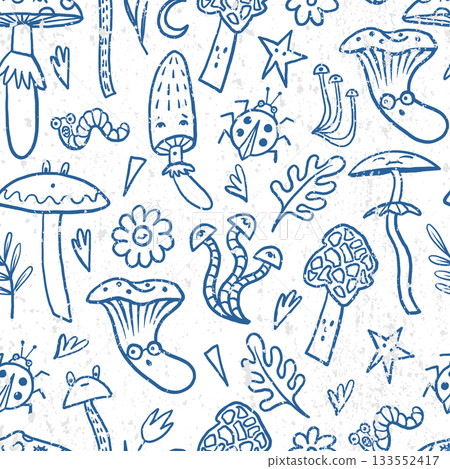 Mushroom autumn vector seamless pattern with forest worms flowers leaves and funny insects Mushroom autumn vector seamless pattern with forest worms flowers leaves and funny insects 133552417