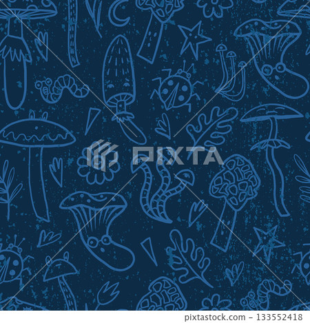Mushroom autumn vector seamless pattern with forest worms flowers leaves and funny insects 133552418