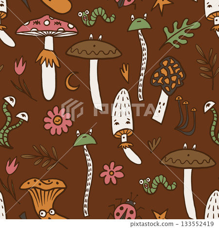 Mushroom autumn vector seamless pattern with forest worms flowers leaves and funny insects 133552419