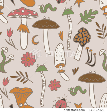 Mushroom autumn vector seamless pattern with forest worms flowers leaves and funny insects 133552420