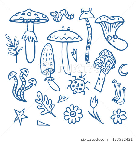 Mushroom autumn vector with forest worms flowers leaves and funny insects 133552421