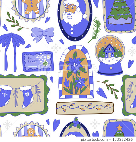 Frame Christmas vector seamless pattern with Santa Claus gifts stockings bows and decorations Frame Christmas vector seamless pattern with Santa Claus gifts stockings bows and decorations 133552426