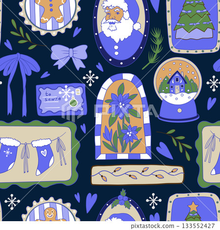 Frame Christmas vector seamless pattern with Santa Claus gifts stockings bows and decorations Frame Christmas vector seamless pattern with Santa Claus gifts stockings bows and decorations 133552427