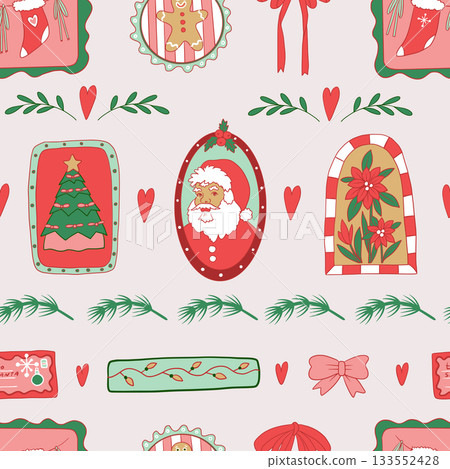 Frame Christmas vector seamless pattern with Santa Claus gifts stockings bows and decorations 133552428