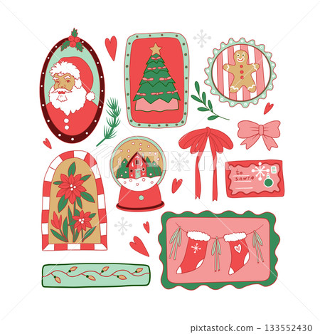 Frame Christmas vector elements with Santa Claus tree gifts stockings bows and decorations set 133552430