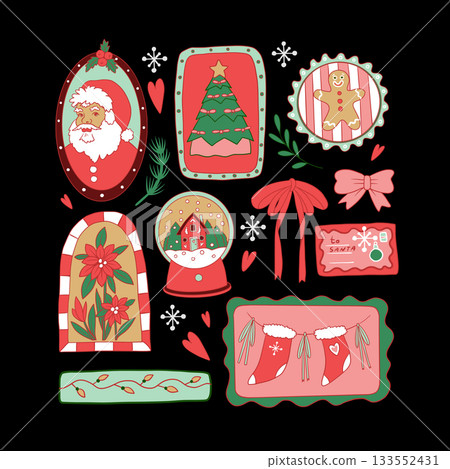 Frame Christmas vector elements with Santa Claus tree gifts stockings bows and decorations set Frame Christmas vector elements with Santa Claus tree gifts stockings bows and decorations set 133552431