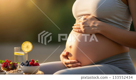 Pregnant woman caressing her belly enjoying healthy nutrition and fresh water outdoors. Wellness and self-care in nature. 133552434
